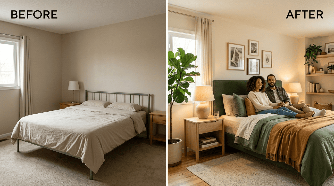 Before-and-after of the same bedroom: a bland beige room versus a redesign in an emerald-and-ochre palette