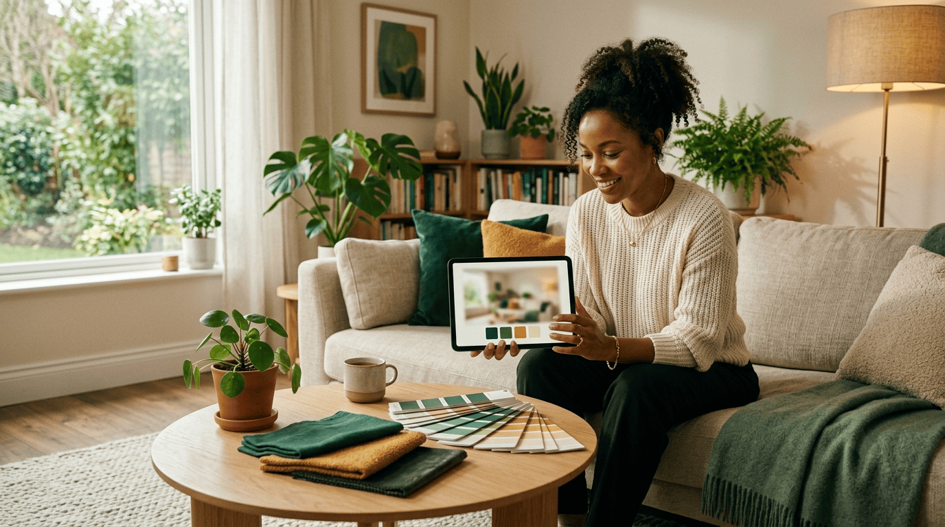 A homeowner comparing an AI room-design render on a tablet with real paint swatches and fabric samples