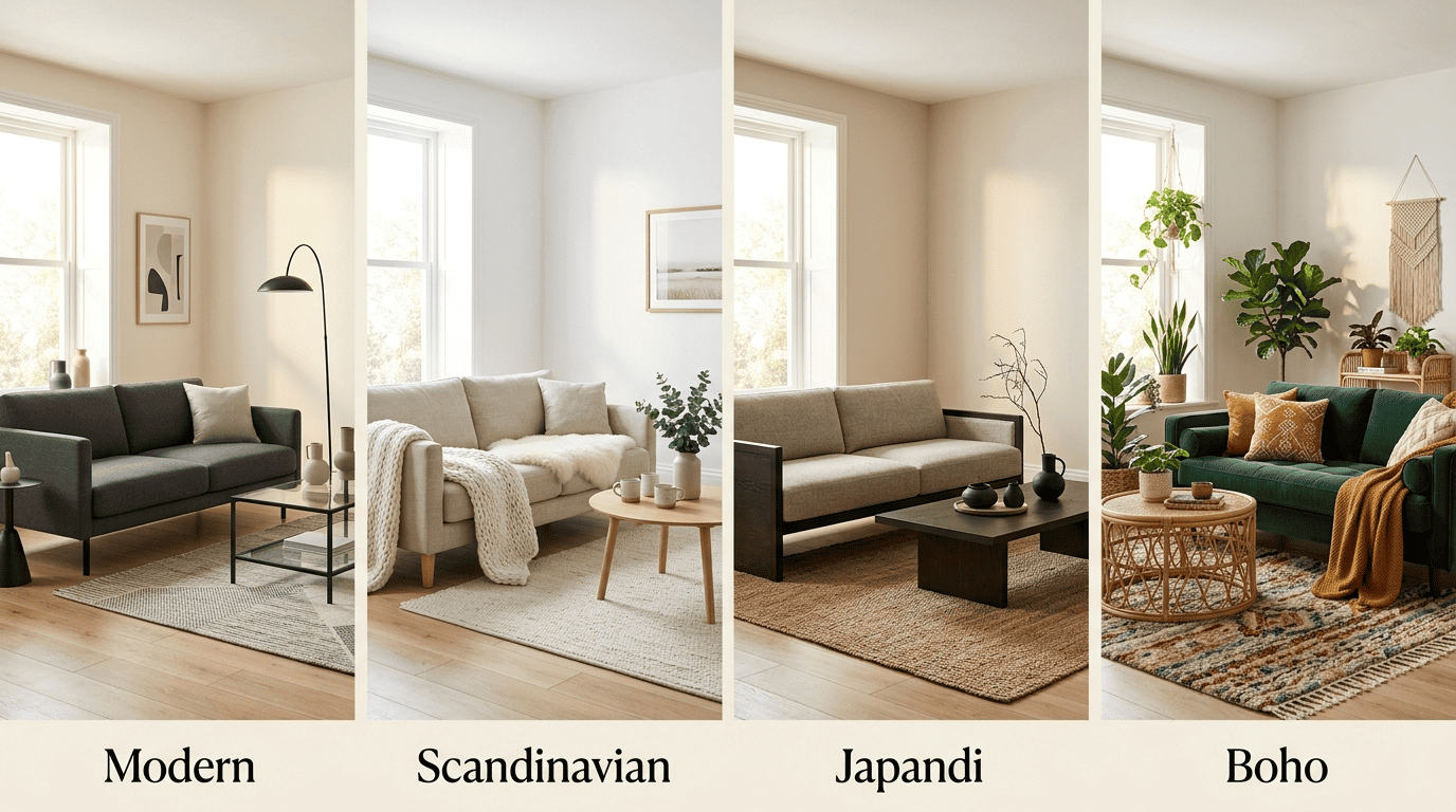 The same living room shown side by side in Modern, Scandinavian, Japandi, and Boho styles