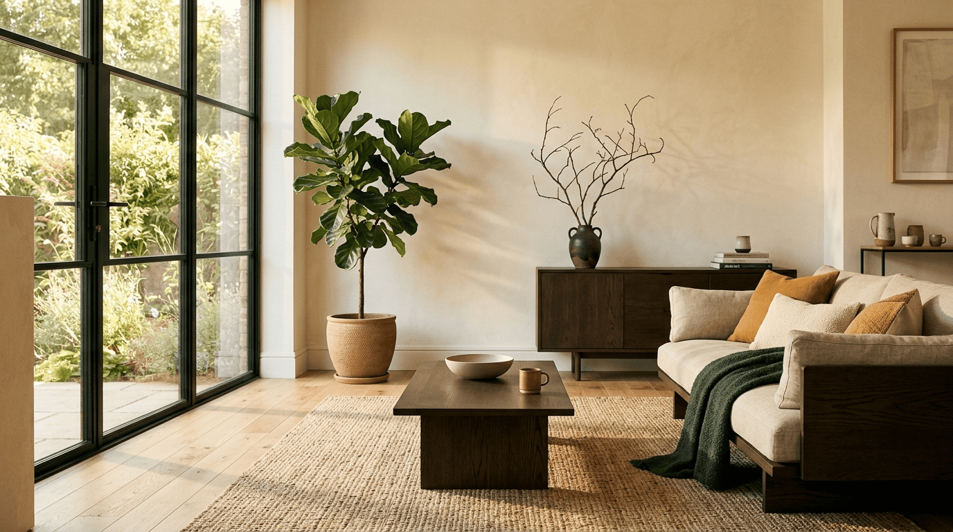 A serene Japandi living room with low dark-oak furniture, a jute rug, and a muted earthy palette