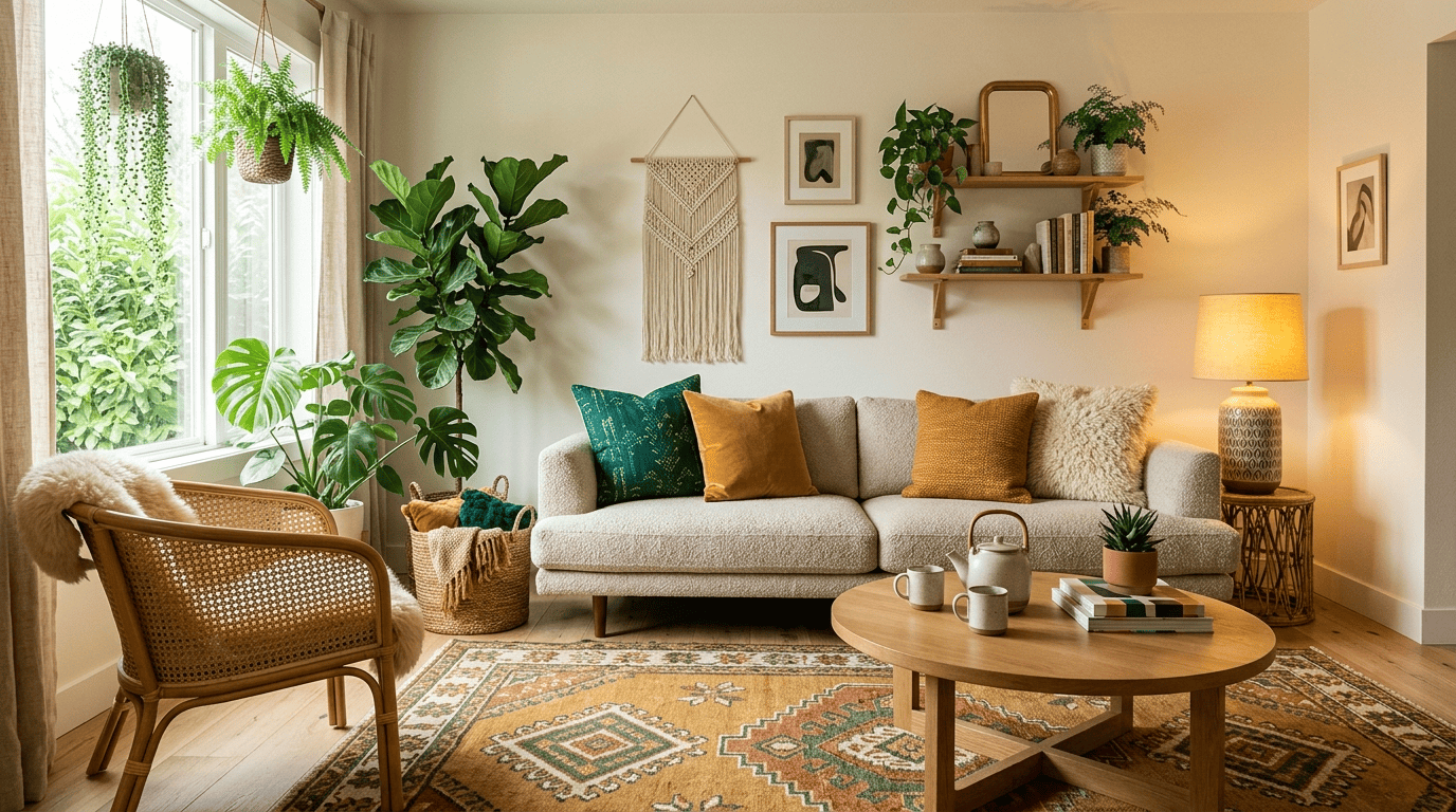 A warm bohemian living room with rattan, layered emerald and ochre textiles, and plants