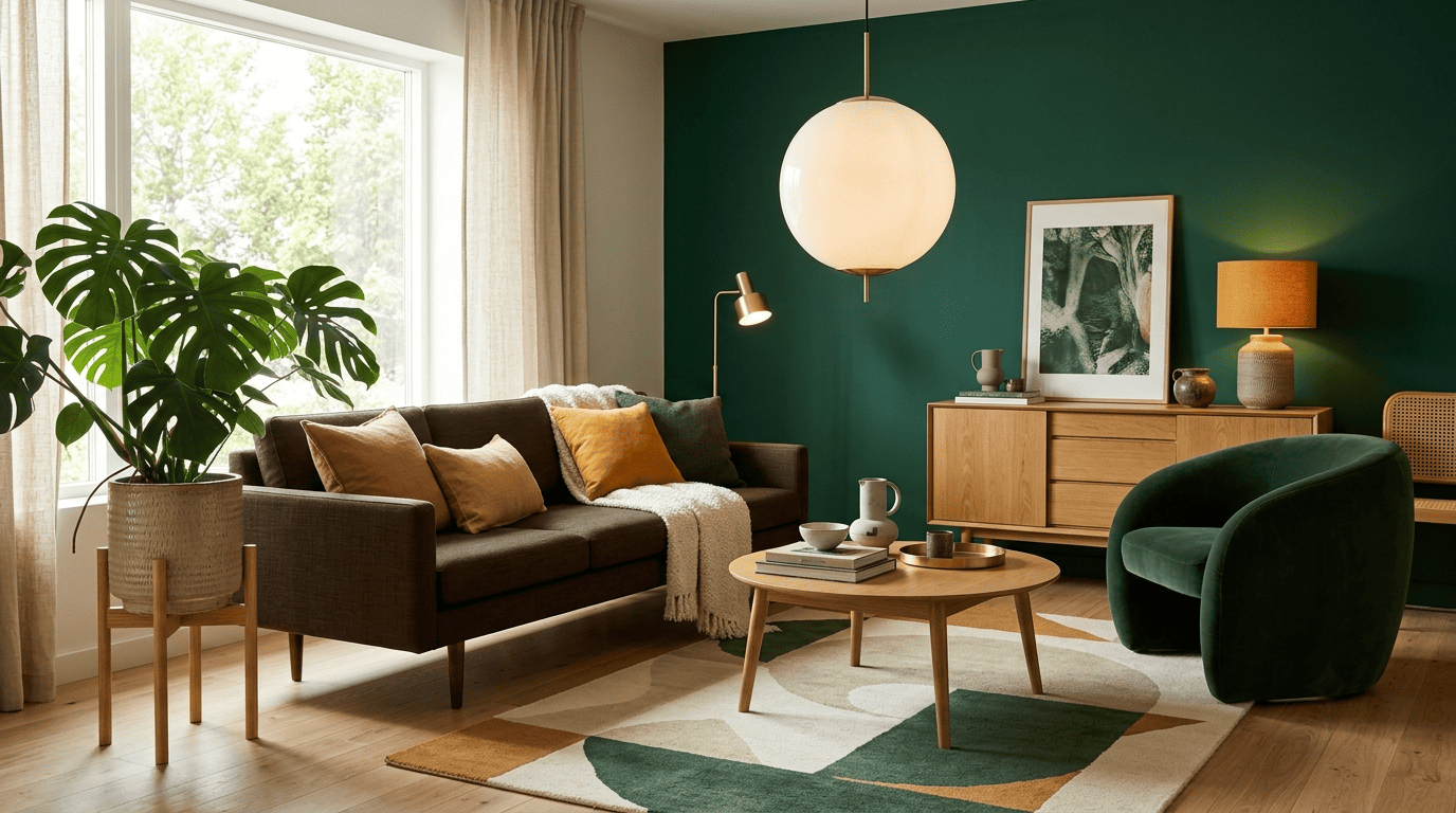 A mid-century modern living room with a walnut sofa on tapered legs, emerald accent wall, and ochre cushions