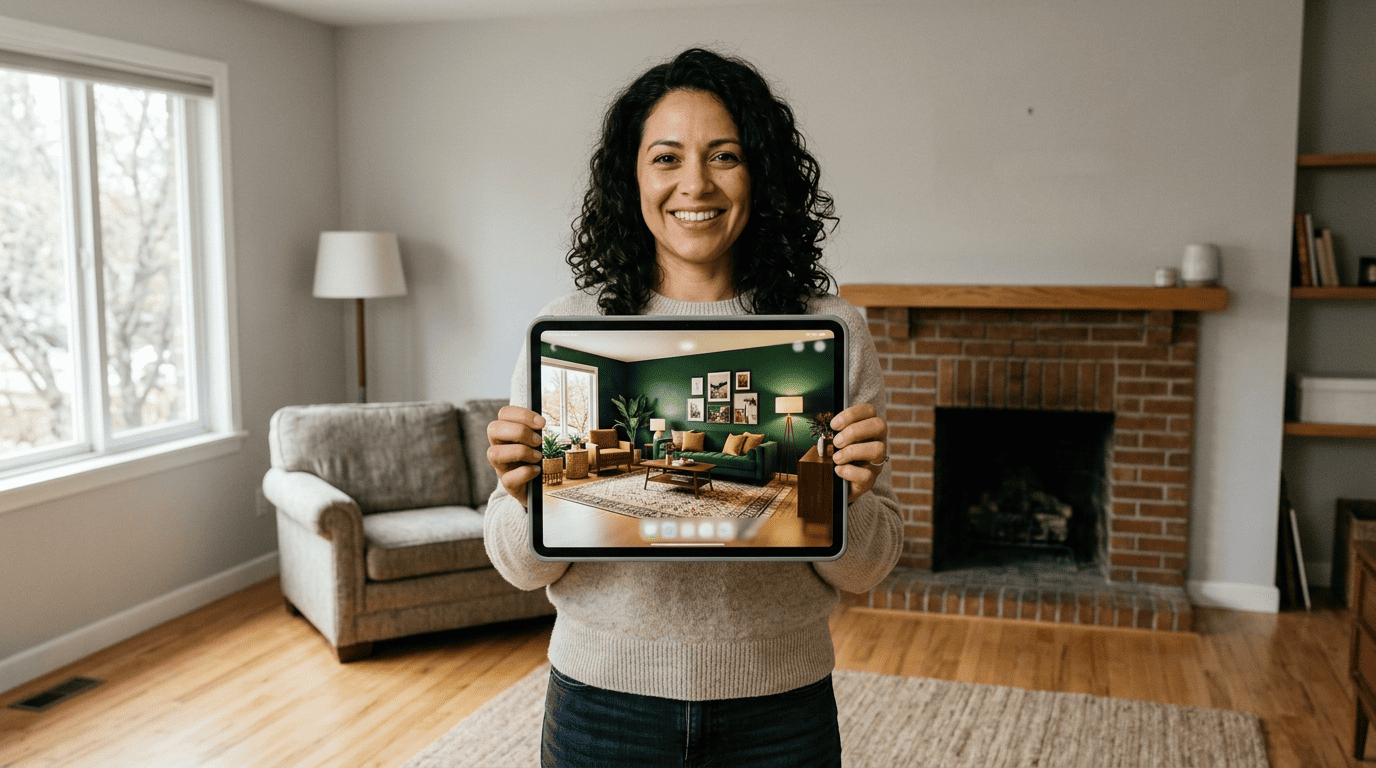A homeowner holding a tablet that shows an AI redesign render of her own plain living room